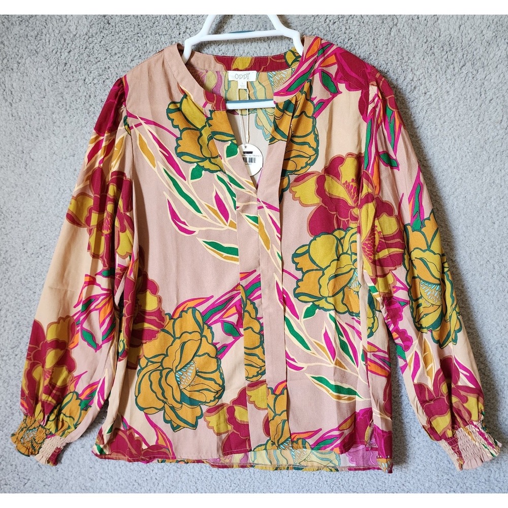 NEW ODDY Loni Puff Sleeve Top Women Large Mocha‎ Floral V-Neck Blouse IT16175